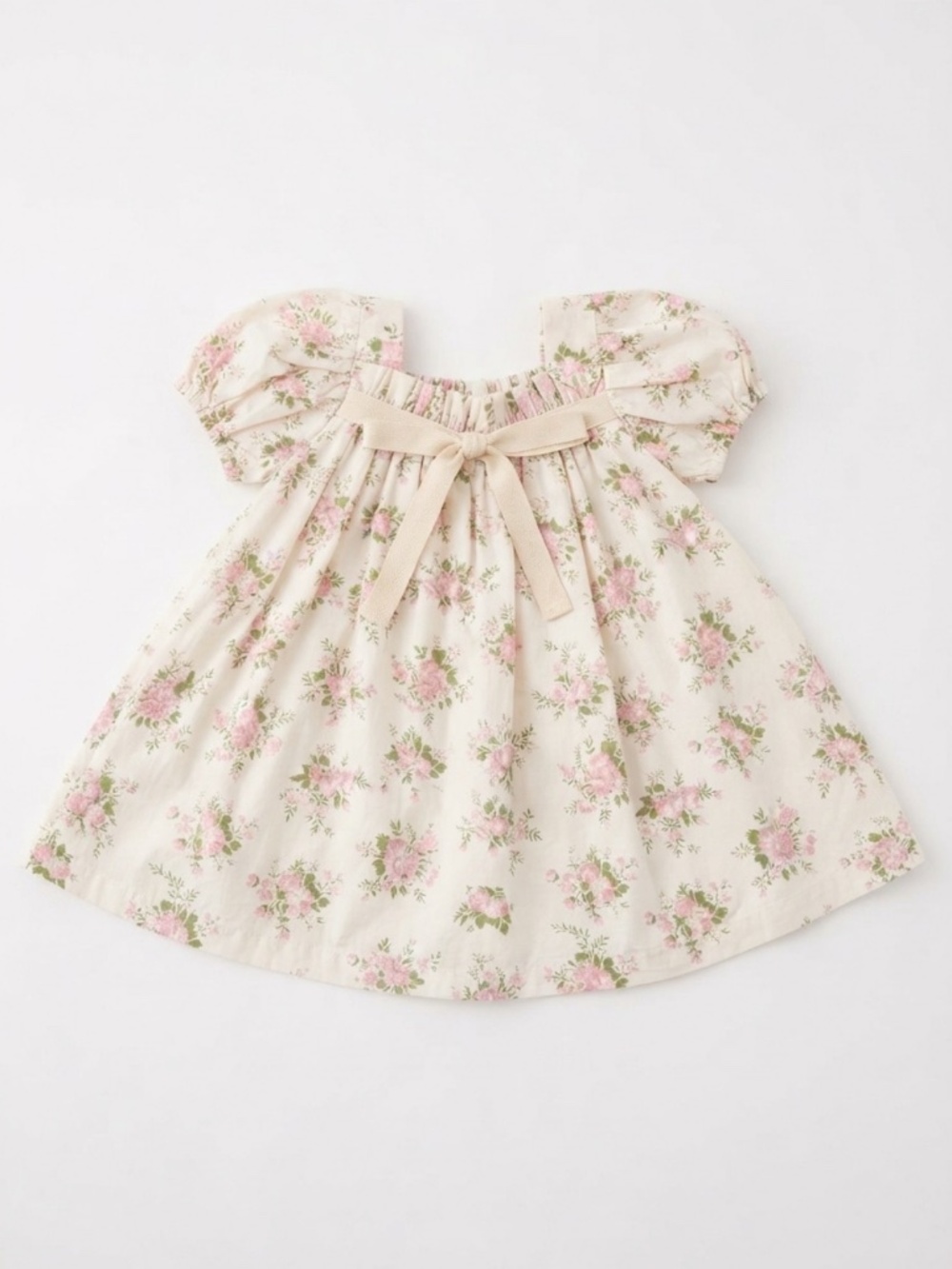 Floral Puff Sleeve Girls Dress with Bow / Cream & Pink - Style of DOEN